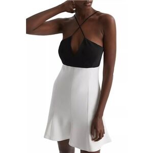 REISS Black White Halter V Neck Fit Flare Mini Dress Size 10